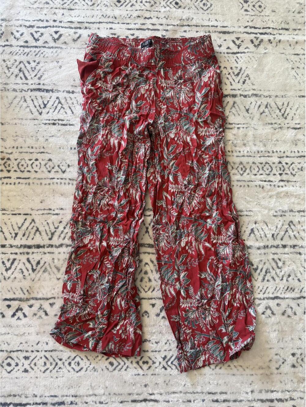 LOFT Petites Red Floral Crinkle Wide Leg Pants